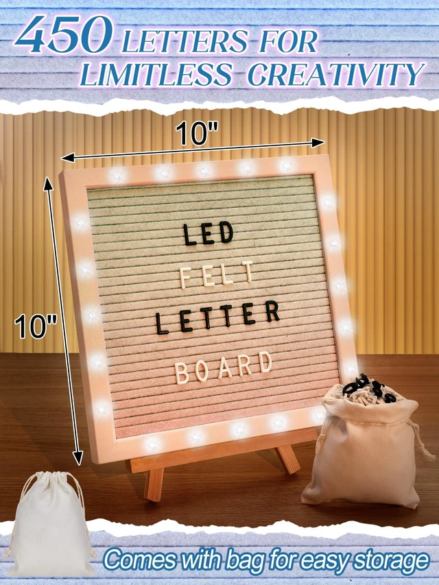 Alt view image 4 of 7 - 10"×10" Felt Letter Board with LED Lights & Stand, First Day of School Sign Wall/Desk Display, 450-Letter, Message Custom Signs Poster Board, Baby/Pregnancy Announcement/Birthday Decorations, Gradient