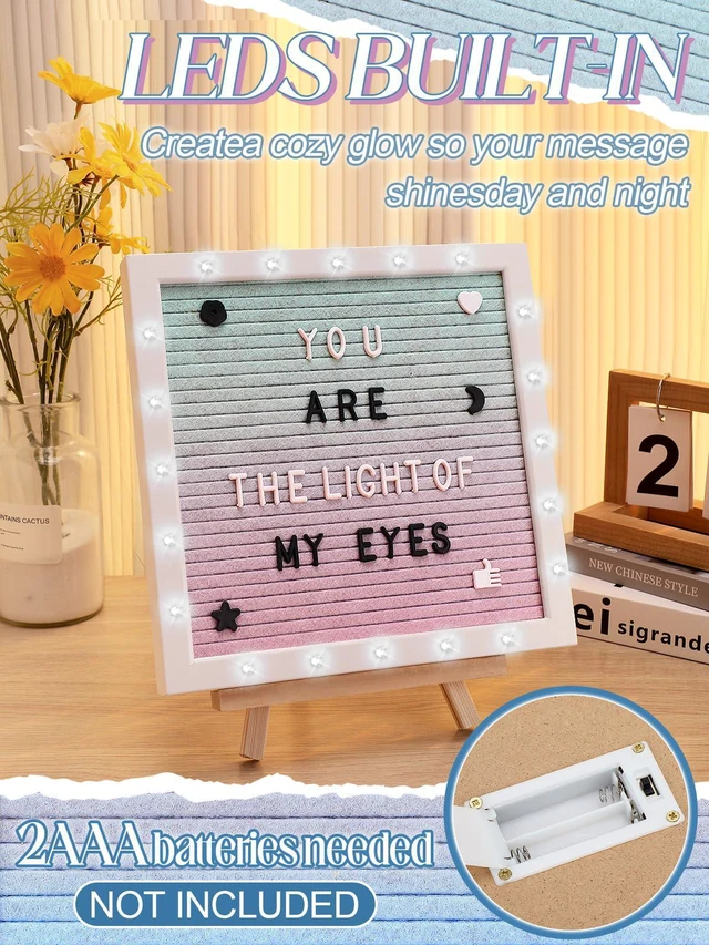 Alt view image 3 of 7 - 10"×10" Felt Letter Board with LED Lights & Stand, First Day of School Sign Wall/Desk Display, 450-Letter, Message Custom Signs Poster Board, Baby/Pregnancy Announcement/Birthday Decorations, Gradient