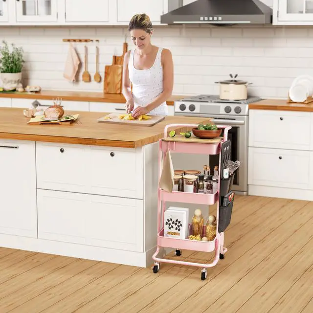Alt view image 6 of 7 - 3-Tier Rolling Cart with Table Top, Metal Utility Cart with Side Bags Tray Storage Organizer, Lockable Wheels, 4 Hooks, Art Cart for Kitchen, Bathroom, Office, Craft room, Living room, Pink