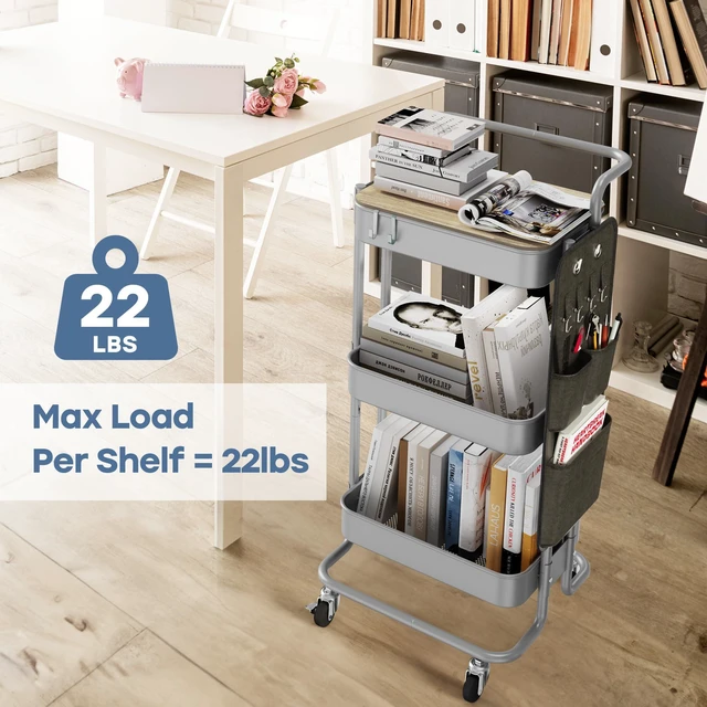Alt view image 3 of 7 - 3-Tier Rolling Cart with Table Top, Metal Utility Cart with Side Bags Tray Storage Organizer, Lockable Wheels, 4 Hooks, Art Cart for Kitchen, Bathroom, Office, Craft room, Living room,Grey