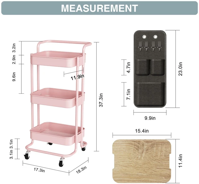 Alt view image 7 of 7 - 3-Tier Rolling Cart with Table Top, Metal Utility Cart with Side Bags Tray Storage Organizer, Lockable Wheels, 4 Hooks, Art Cart for Kitchen, Bathroom, Office, Craft room, Living room, Pink