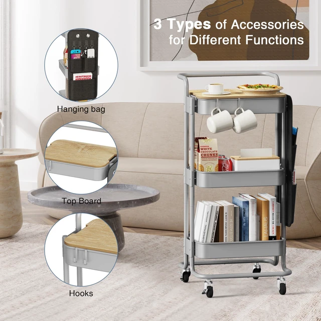 Alt view image 5 of 7 - 3-Tier Rolling Cart with Table Top, Metal Utility Cart with Side Bags Tray Storage Organizer, Lockable Wheels, 4 Hooks, Art Cart for Kitchen, Bathroom, Office, Craft room, Living room,Grey