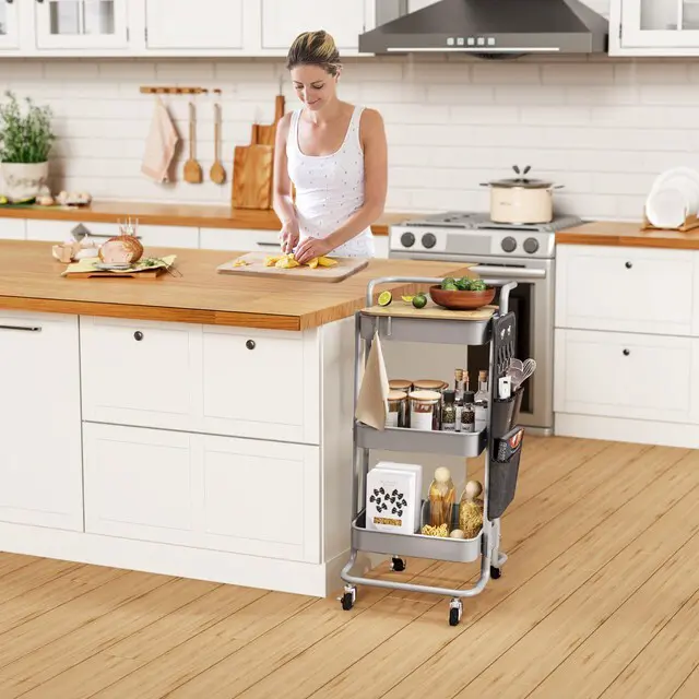 Alt view image 6 of 7 - 3-Tier Rolling Cart with Table Top, Metal Utility Cart with Side Bags Tray Storage Organizer, Lockable Wheels, 4 Hooks, Art Cart for Kitchen, Bathroom, Office, Craft room, Living room,Grey