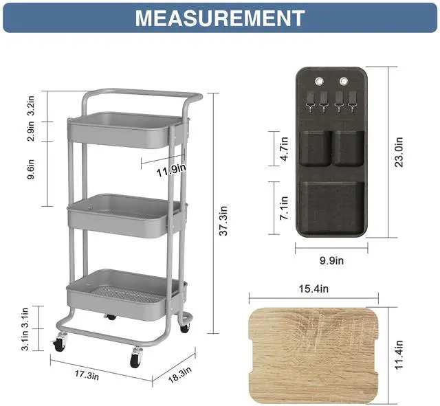 Alt view image 7 of 7 - 3-Tier Rolling Cart with Table Top, Metal Utility Cart with Side Bags Tray Storage Organizer, Lockable Wheels, 4 Hooks, Art Cart for Kitchen, Bathroom, Office, Craft room, Living room,Grey