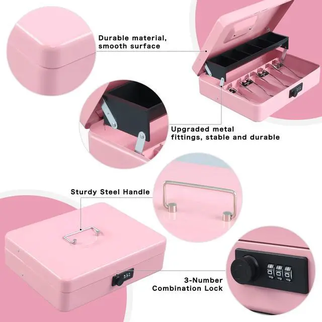 Alt view image 3 of 7 - Cash Box with Combination Lock, Metal Money Safe Storage Box, Pink Cash Box with Money Tray and Combination Lock,Tiered, Cantilever Design,4 Bill / 5 Coin Slots,11.8" x 9.5" x 3.5"