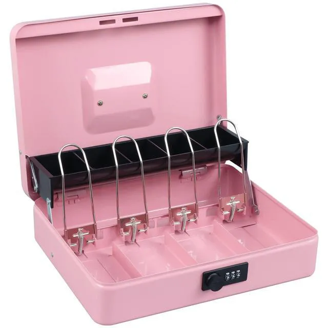 Alt view image 2 of 7 - Cash Box with Combination Lock, Metal Money Safe Storage Box, Pink Cash Box with Money Tray and Combination Lock,Tiered, Cantilever Design,4 Bill / 5 Coin Slots,11.8" x 9.5" x 3.5"