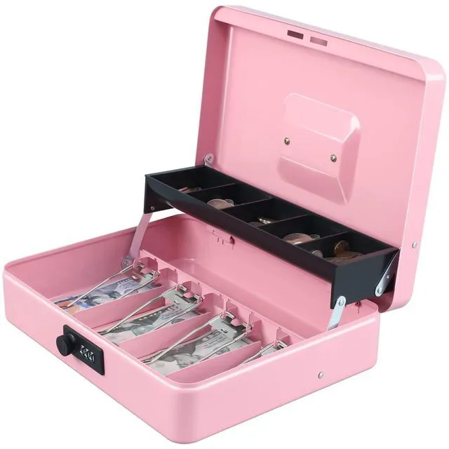 Main image of Cash Box with Combination Lock, Metal Money Safe Storage Box, Pink Cash Box with Money Tray and Combination Lock,Tiered, Cantilever Design,4 Bill / 5 Coin Slots,11.8" x 9.5" x 3.5"