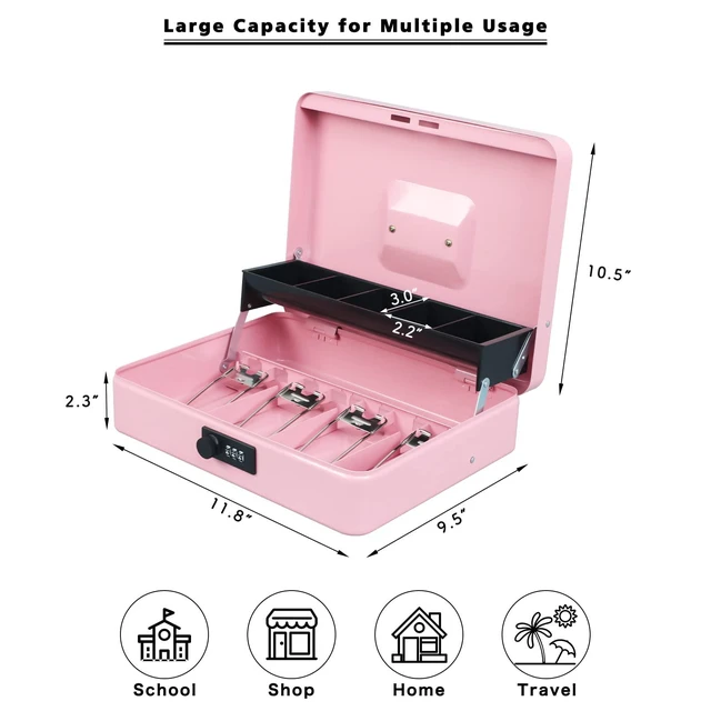 Alt view image 5 of 7 - Cash Box with Combination Lock, Metal Money Safe Storage Box, Pink Cash Box with Money Tray and Combination Lock,Tiered, Cantilever Design,4 Bill / 5 Coin Slots,11.8" x 9.5" x 3.5"