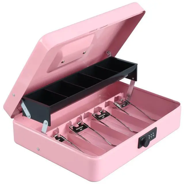 Alt view image 6 of 7 - Cash Box with Combination Lock, Metal Money Safe Storage Box, Pink Cash Box with Money Tray and Combination Lock,Tiered, Cantilever Design,4 Bill / 5 Coin Slots,11.8" x 9.5" x 3.5"