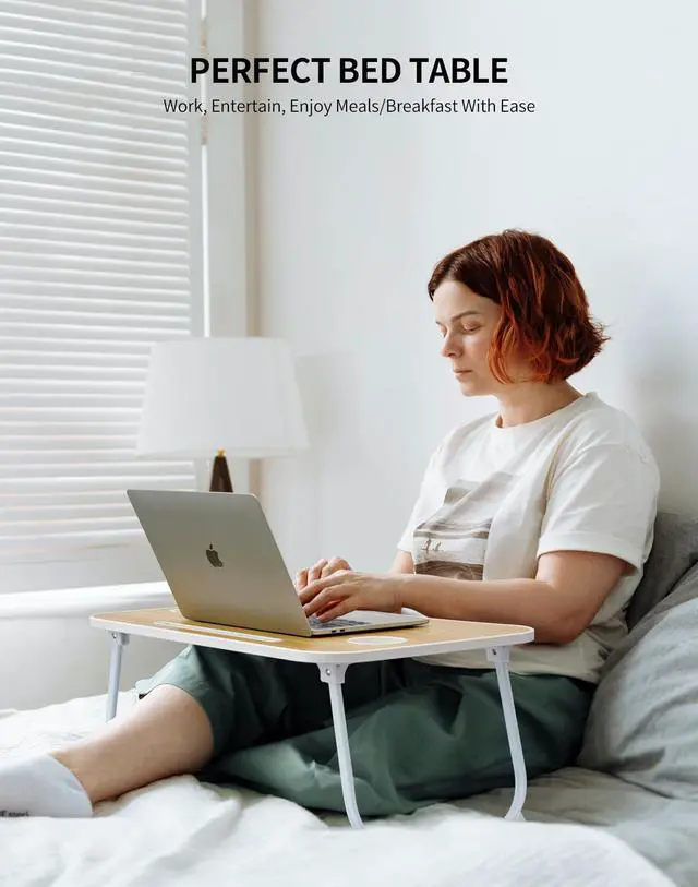 Alt view image 2 of 6 - Laptop Bed Desk, Foldable Lap Desk, Portable Lap Table, Laptop Stand with Cup Holder, Tablet Slot & Lifting Handle for Work, Write, Draw & Eat on Bed, Sofa or Couch - Wood