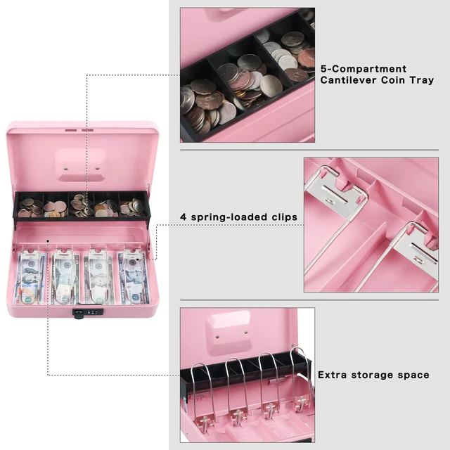 Alt view image 4 of 7 - Cash Box with Combination Lock, Metal Money Safe Storage Box, Pink Cash Box with Money Tray and Combination Lock,Tiered, Cantilever Design,4 Bill / 5 Coin Slots,11.8" x 9.5" x 3.5"