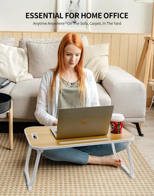 Alt view image 4 of 6 - Laptop Bed Desk, Foldable Lap Desk, Portable Lap Table, Laptop Stand with Cup Holder, Tablet Slot & Lifting Handle for Work, Write, Draw & Eat on Bed, Sofa or Couch - Wood