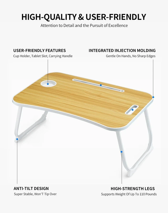 Alt view image 5 of 6 - Laptop Bed Desk, Foldable Lap Desk, Portable Lap Table, Laptop Stand with Cup Holder, Tablet Slot & Lifting Handle for Work, Write, Draw & Eat on Bed, Sofa or Couch - Wood