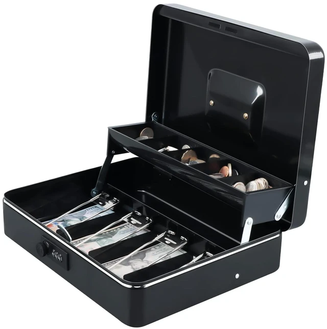 Main image of Cash Box with Combination Lock, Metal Money Safe Storage box, Black Cash Box with Money Tray and Combination Lock,Tiered, Cantilever Design,4 Bill / 5 Coin Slots,11.8" x 9.5" x 3.5"