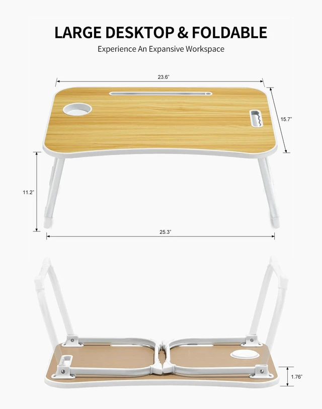 Alt view image 6 of 6 - Laptop Bed Desk, Foldable Lap Desk, Portable Lap Table, Laptop Stand with Cup Holder, Tablet Slot & Lifting Handle for Work, Write, Draw & Eat on Bed, Sofa or Couch - Wood
