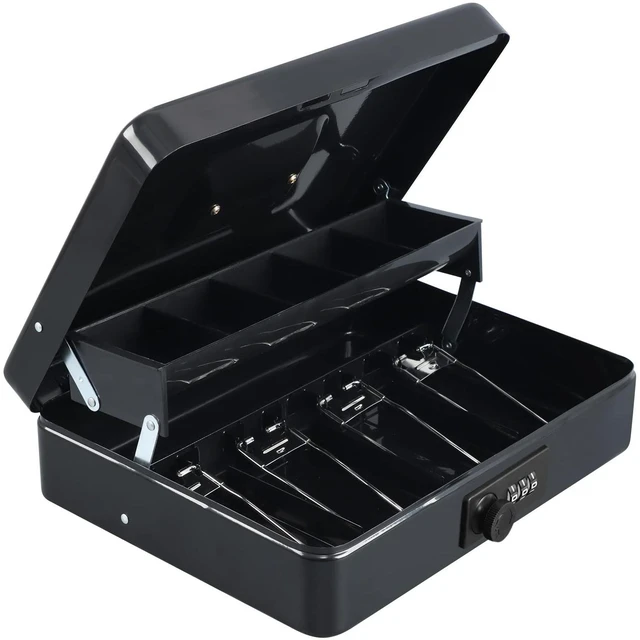 Alt view image 2 of 7 - Cash Box with Combination Lock, Metal Money Safe Storage box, Black Cash Box with Money Tray and Combination Lock,Tiered, Cantilever Design,4 Bill / 5 Coin Slots,11.8" x 9.5" x 3.5"