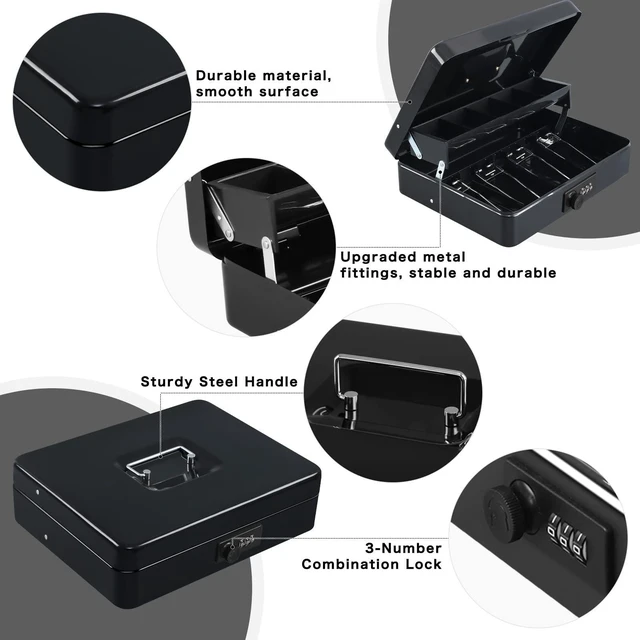 Alt view image 3 of 7 - Cash Box with Combination Lock, Metal Money Safe Storage box, Black Cash Box with Money Tray and Combination Lock,Tiered, Cantilever Design,4 Bill / 5 Coin Slots,11.8" x 9.5" x 3.5"