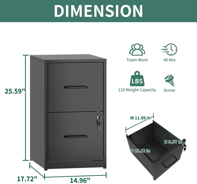 Alt view image 3 of 6 - 2 Drawer File Cabinet with Lock,Metal File Cabinet for Home Office Black Vertical Filing Cabinets Heavy Duty Office Storage Cabinets for Letter/Legal/A4/F4 Size File, Assembly Required