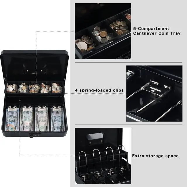 Alt view image 4 of 7 - Cash Box with Combination Lock, Metal Money Safe Storage box, Black Cash Box with Money Tray and Combination Lock,Tiered, Cantilever Design,4 Bill / 5 Coin Slots,11.8" x 9.5" x 3.5"