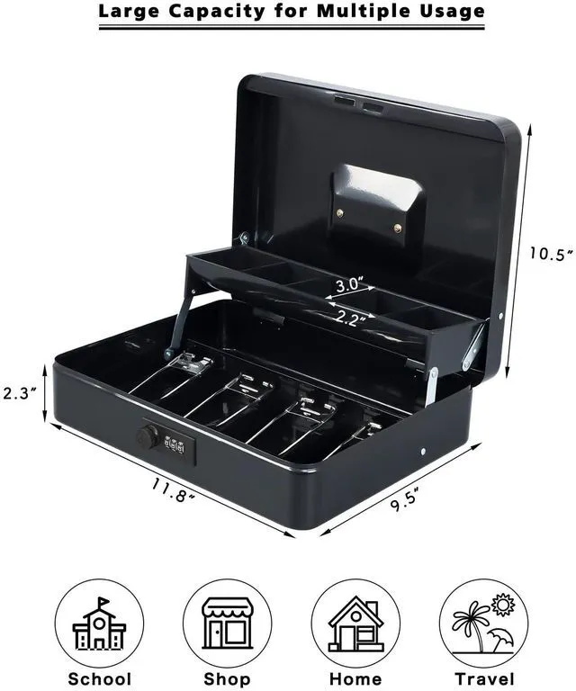 Alt view image 5 of 7 - Cash Box with Combination Lock, Metal Money Safe Storage box, Black Cash Box with Money Tray and Combination Lock,Tiered, Cantilever Design,4 Bill / 5 Coin Slots,11.8" x 9.5" x 3.5"