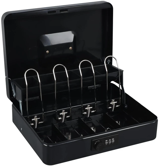 Alt view image 7 of 7 - Cash Box with Combination Lock, Metal Money Safe Storage box, Black Cash Box with Money Tray and Combination Lock,Tiered, Cantilever Design,4 Bill / 5 Coin Slots,11.8" x 9.5" x 3.5"