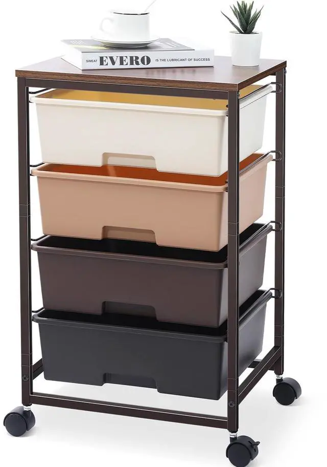 Main image of Utility Cart with 4 Drawers, Brown Rolling Storage Cart with Drawers, Storage Rolling Drawer Cart