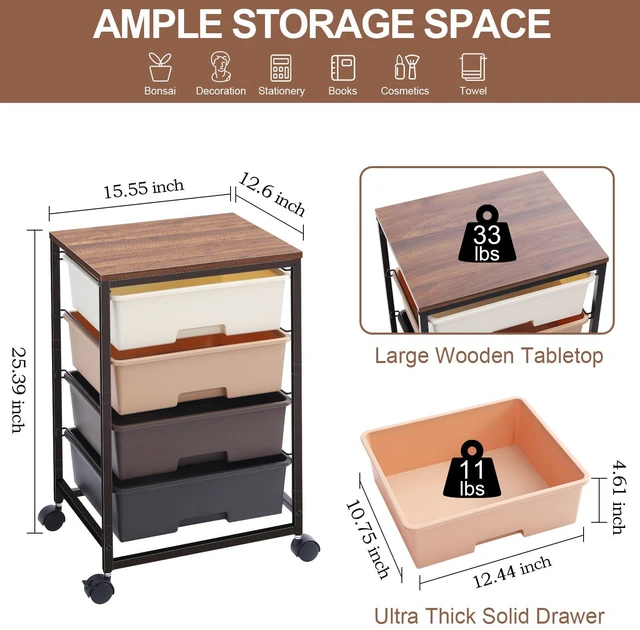 Alt view image 3 of 7 - Utility Cart with 4 Drawers, Brown Rolling Storage Cart with Drawers, Storage Rolling Drawer Cart