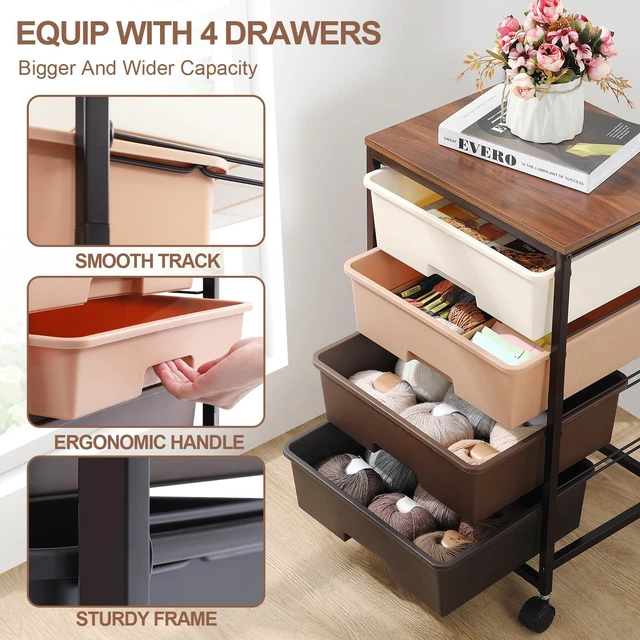 Alt view image 5 of 7 - Utility Cart with 4 Drawers, Brown Rolling Storage Cart with Drawers, Storage Rolling Drawer Cart