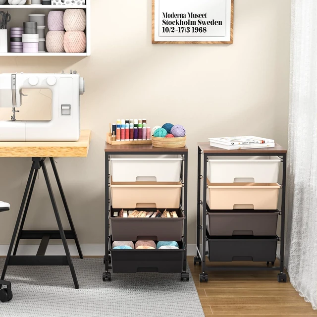 Alt view image 7 of 7 - Utility Cart with 4 Drawers, Brown Rolling Storage Cart with Drawers, Storage Rolling Drawer Cart
