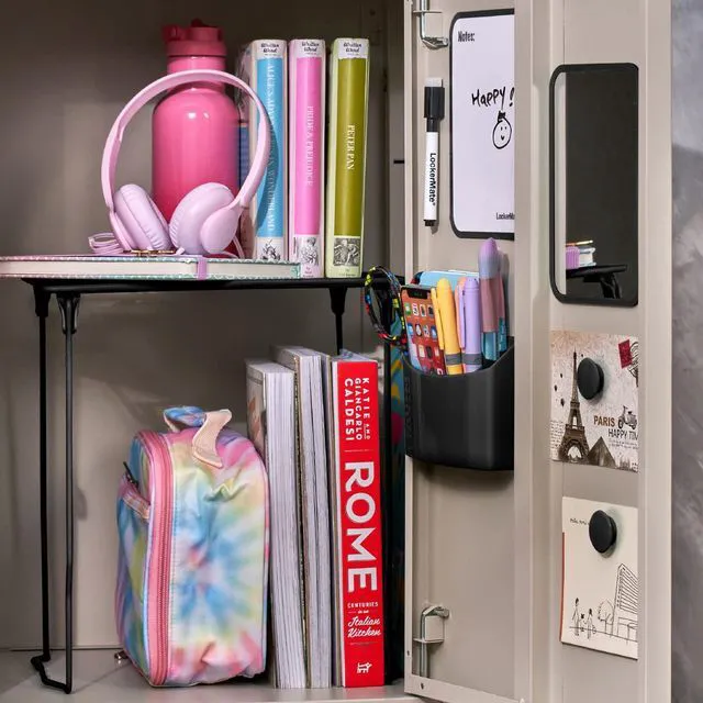 Alt view image 2 of 7 - 7-Piece Locker Organizer Kit, Includes Locker Shelf, Mirror, Whiteboard, Storage Cup & Dry Erase Marker - Black