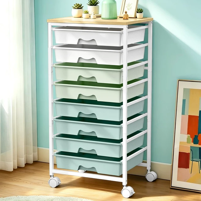 Main image of Rolling Cart With 8 Drawers,Storage Drawer Cart for Craft Art,Green Storage Utility Cart with Wooden Tabletop & 2 Lockable Wheels, Teacher Storage Cart for Classroom School Storage, Makeup,Nail