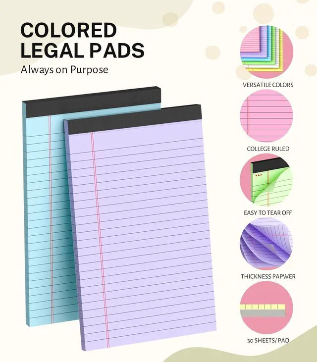 Alt view image 3 of 7 - 36 Pack Note Pads 5x8 Narrow Ruled Legal Pad Multicolor Small Writing Pads Colored Legal Pads 5x8 Pink Lined Notepad Purple Notepads,30 Sheet/notepad,Perforated Lined Note Pads for Study,Office,Home