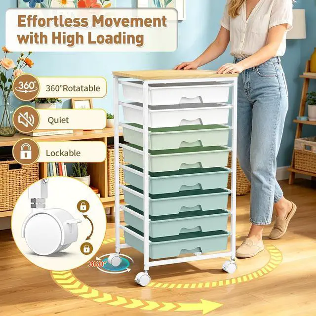 Alt view image 6 of 7 - Rolling Cart With 8 Drawers,Storage Drawer Cart for Craft Art,Green Storage Utility Cart with Wooden Tabletop & 2 Lockable Wheels, Teacher Storage Cart for Classroom School Storage, Makeup,Nail