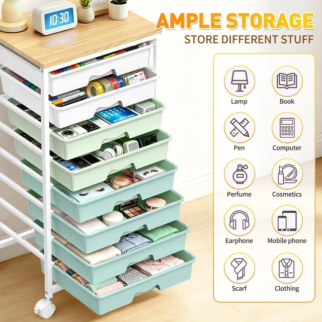 Alt view image 7 of 7 - Rolling Cart With 8 Drawers,Storage Drawer Cart for Craft Art,Green Storage Utility Cart with Wooden Tabletop & 2 Lockable Wheels, Teacher Storage Cart for Classroom School Storage, Makeup,Nail