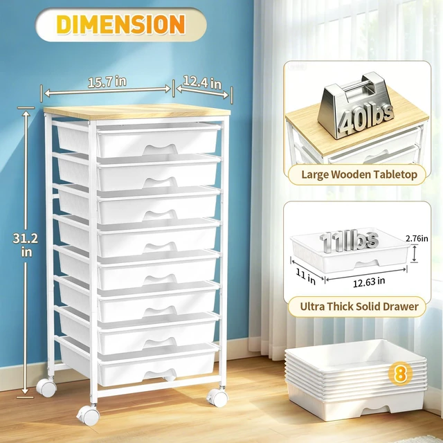 Alt view image 2 of 7 - Rolling Cart With 8 Drawers,Storage Drawer Cart for Craft Art,White Storage Utility Cart with Wooden Tabletop & 2 Lockable Wheels, Teacher Storage Cart for Classroom School Storage, Makeup,Nail