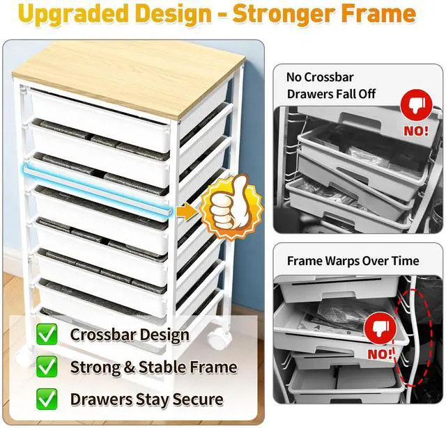 Alt view image 3 of 7 - Rolling Cart With 8 Drawers,Storage Drawer Cart for Craft Art,White Storage Utility Cart with Wooden Tabletop & 2 Lockable Wheels, Teacher Storage Cart for Classroom School Storage, Makeup,Nail