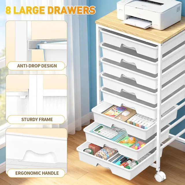 Alt view image 5 of 7 - Rolling Cart With 8 Drawers,Storage Drawer Cart for Craft Art,White Storage Utility Cart with Wooden Tabletop & 2 Lockable Wheels, Teacher Storage Cart for Classroom School Storage, Makeup,Nail