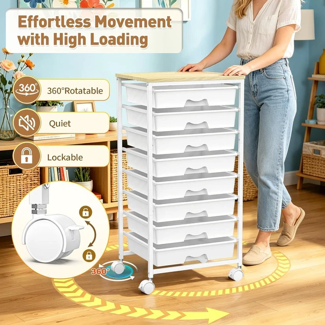 Alt view image 6 of 7 - Rolling Cart With 8 Drawers,Storage Drawer Cart for Craft Art,White Storage Utility Cart with Wooden Tabletop & 2 Lockable Wheels, Teacher Storage Cart for Classroom School Storage, Makeup,Nail
