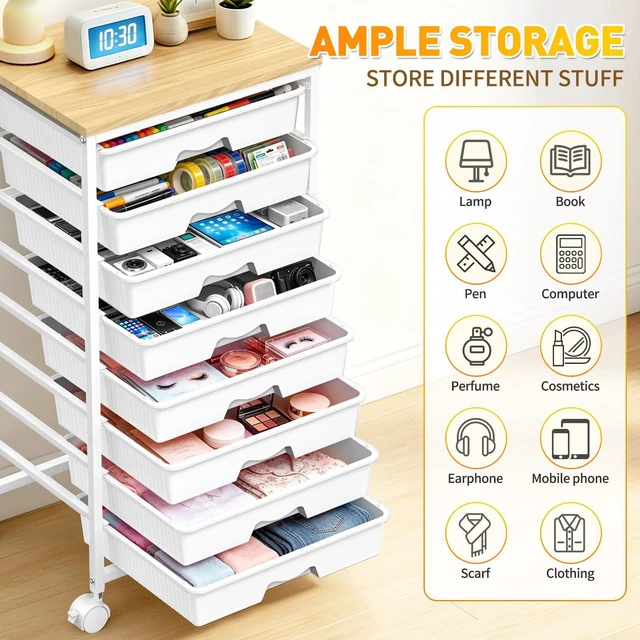 Alt view image 7 of 7 - Rolling Cart With 8 Drawers,Storage Drawer Cart for Craft Art,White Storage Utility Cart with Wooden Tabletop & 2 Lockable Wheels, Teacher Storage Cart for Classroom School Storage, Makeup,Nail