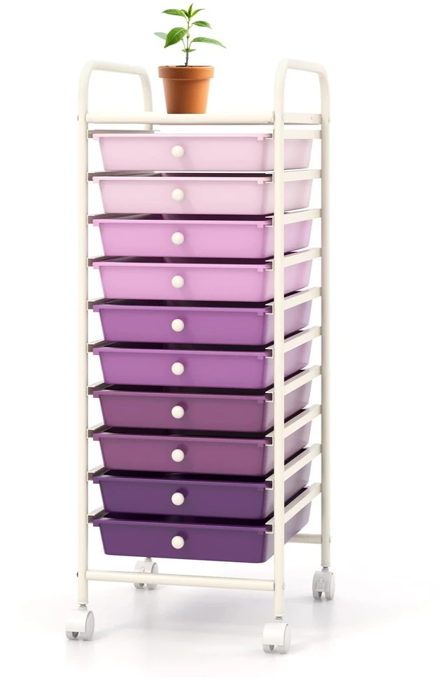 Main image of Storage Cart, Rolling Utility Cart with 10 Drawers, Portable Handles & Lockable Wheels, Mobile Paper Toys Storage Organizer Large Capacity for Home Office School Teacher (Purple Gradient)
