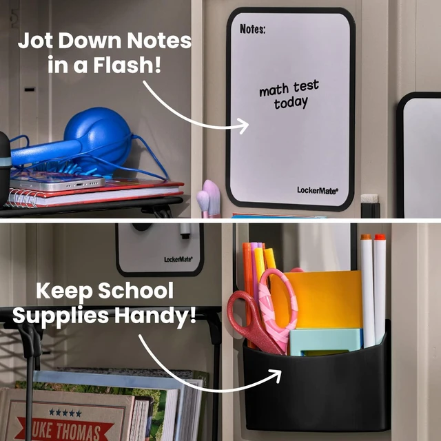 Alt view image 6 of 7 - 7-Piece Locker Organizer Kit, Includes Locker Shelf, Mirror, Whiteboard, Storage Cup & Dry Erase Marker - Black