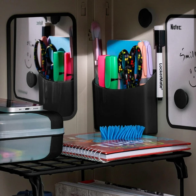 Alt view image 7 of 7 - 7-Piece Locker Organizer Kit, Includes Locker Shelf, Mirror, Whiteboard, Storage Cup & Dry Erase Marker - Black