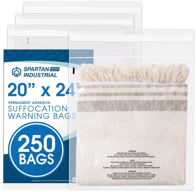Main image of 20" X 24" (250 Count) Self-Seal Clear Poly Bags With Suffocation Warning for Packaging, Bedding, Costumes - Permanent Adhesive