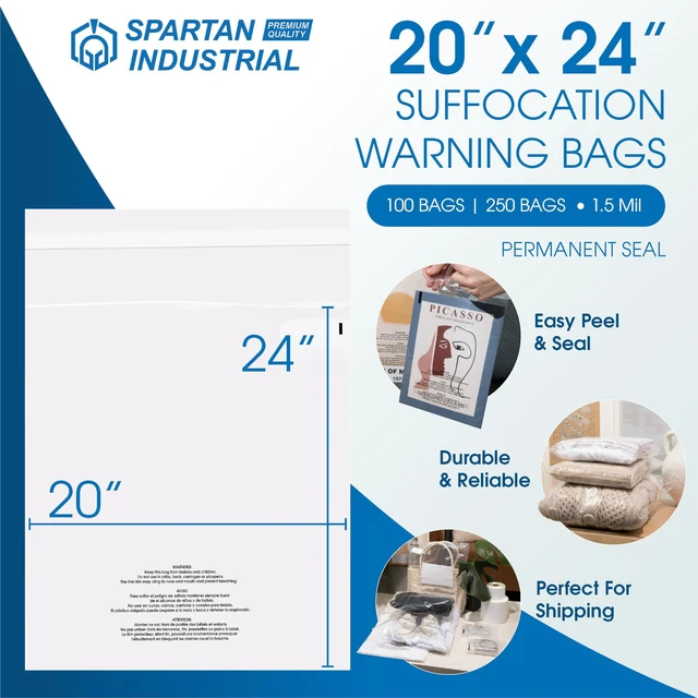 Alt view image 2 of 7 - 20" X 24" (250 Count) Self-Seal Clear Poly Bags With Suffocation Warning for Packaging, Bedding, Costumes - Permanent Adhesive