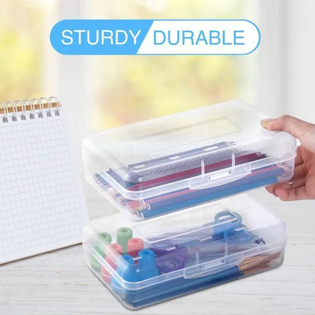 Alt view image 3 of 5 - 1 Pack Pencil Case, Clear Pencil Box with Stickers, Large Plastic Crayon Box with Snap-tight Lid, Stackable Storage Art Craft Marker Organizer for Kids Boys Back to School, Orange