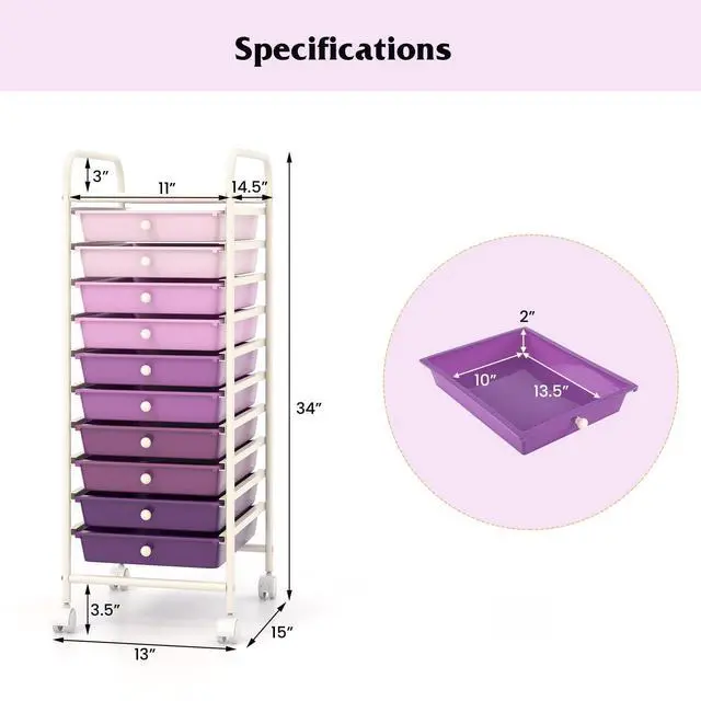 Alt view image 3 of 7 - Storage Cart, Rolling Utility Cart with 10 Drawers, Portable Handles & Lockable Wheels, Mobile Paper Toys Storage Organizer Large Capacity for Home Office School Teacher (Purple Gradient)