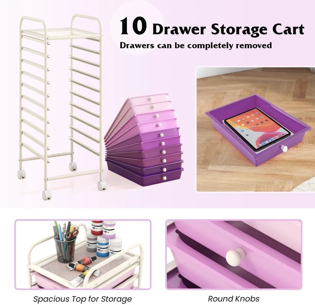 Alt view image 4 of 7 - Storage Cart, Rolling Utility Cart with 10 Drawers, Portable Handles & Lockable Wheels, Mobile Paper Toys Storage Organizer Large Capacity for Home Office School Teacher (Purple Gradient)