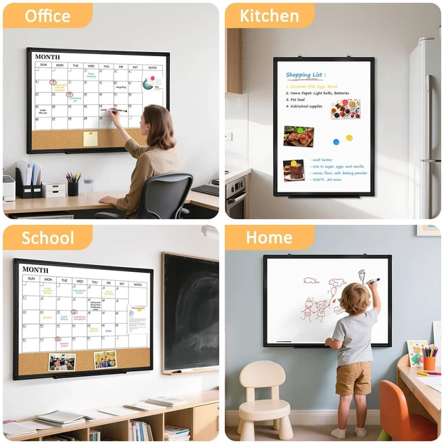 Alt view image 2 of 7 - Monthly Dry Erase Calendar Whiteboard with Corkboard, 36" x 24", Black Magnetic, White Board Cork Board Combo, Double Sided, Wall Mounted, Aluminum Frame, for Home, Office, Kitchen, Dorm