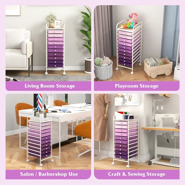 Alt view image 6 of 7 - Storage Cart, Rolling Utility Cart with 10 Drawers, Portable Handles & Lockable Wheels, Mobile Paper Toys Storage Organizer Large Capacity for Home Office School Teacher (Purple Gradient)
