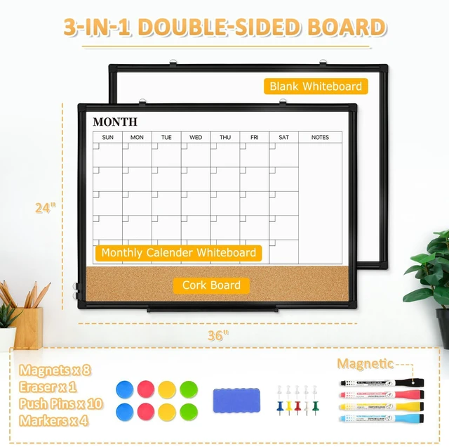 Alt view image 3 of 7 - Monthly Dry Erase Calendar Whiteboard with Corkboard, 36" x 24", Black Magnetic, White Board Cork Board Combo, Double Sided, Wall Mounted, Aluminum Frame, for Home, Office, Kitchen, Dorm